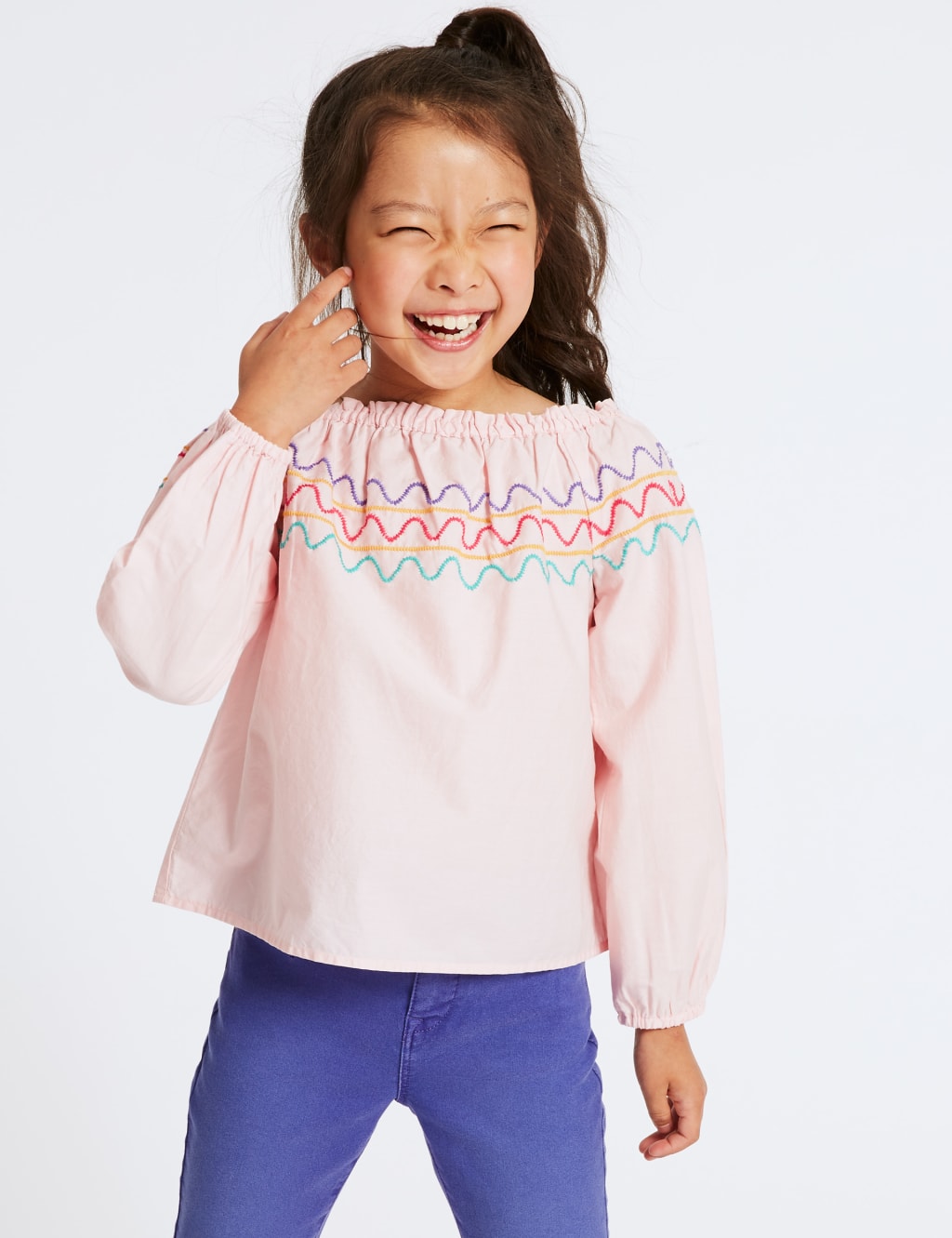 Pure Cotton Zig Zag Bardot Top (3-16 Years) 1 of 3