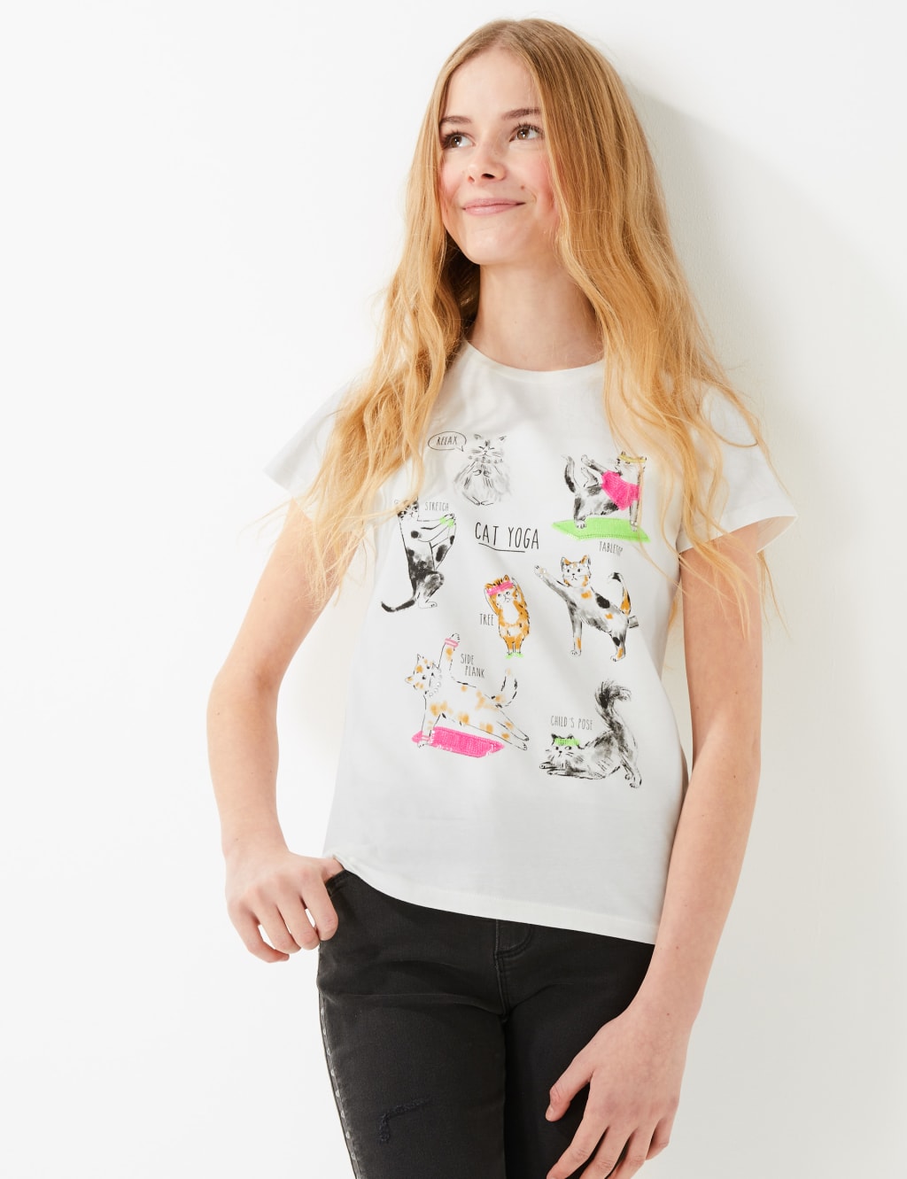 Cotton Cat Yoga Print T-Shirt (6-16 Years) 1 of 5