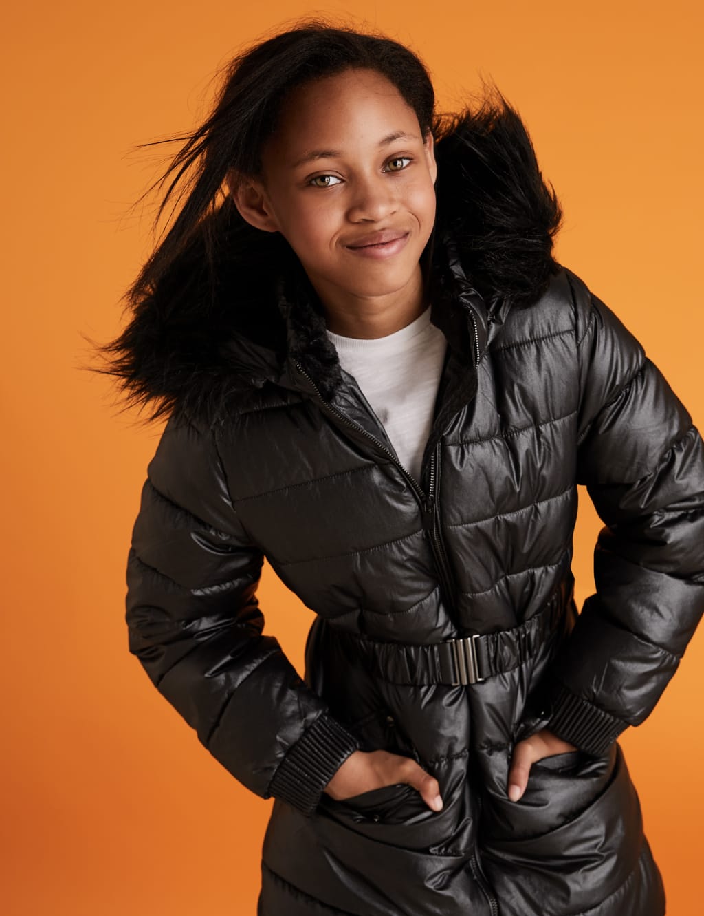 Metallic coat with fur hood discount
