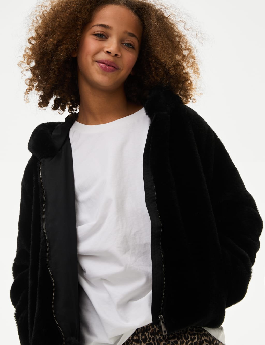 Faux fur hooded bomber jacket sales
