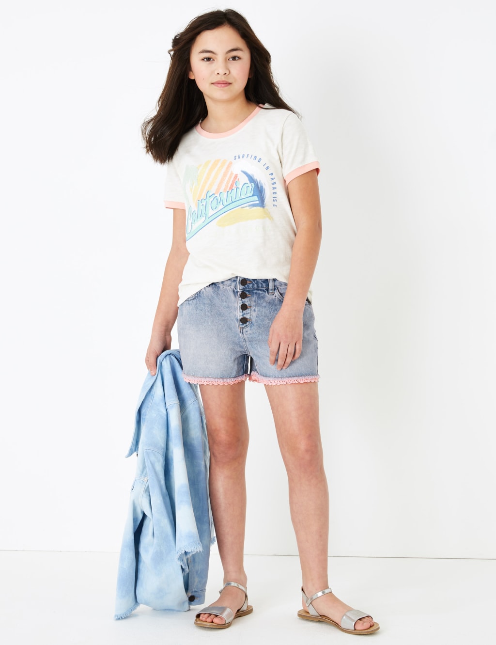 Pink Overdye Crochet Trim Denim Shorts (6-16 Yrs) 1 of 5