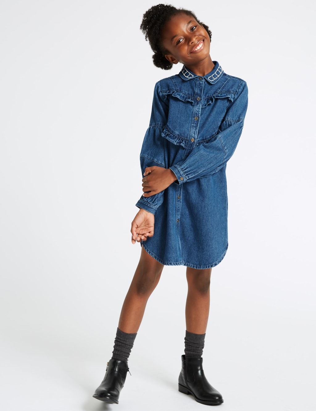 Denim dress with frill cheap