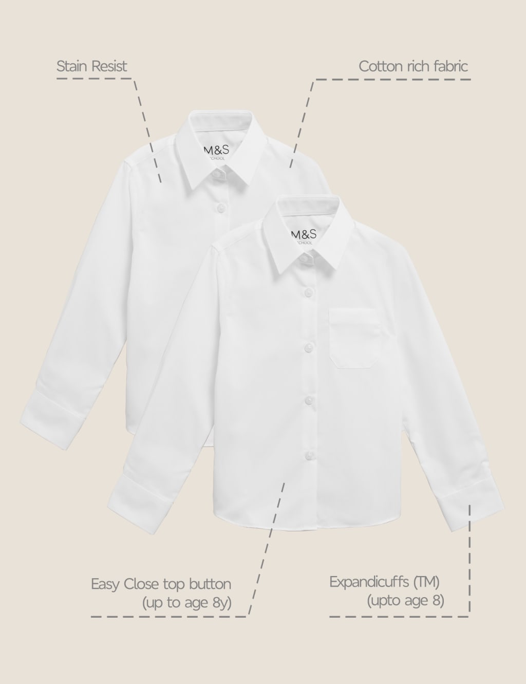 2pk Girls' Slim Fit Non-Iron School Blouses (2-16 Yrs) 1 of 2