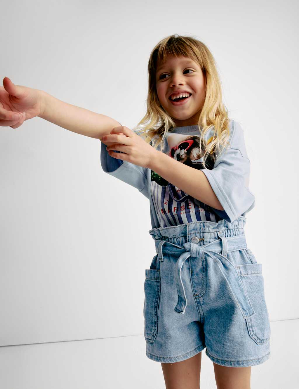 Pure Cotton Denim Paper Bag Shorts (2-8 Yrs) 1 of 7