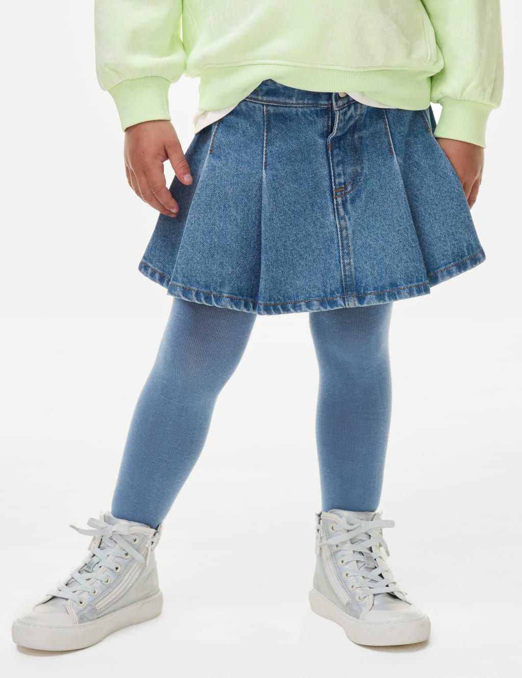 Denim skirt and tights look store