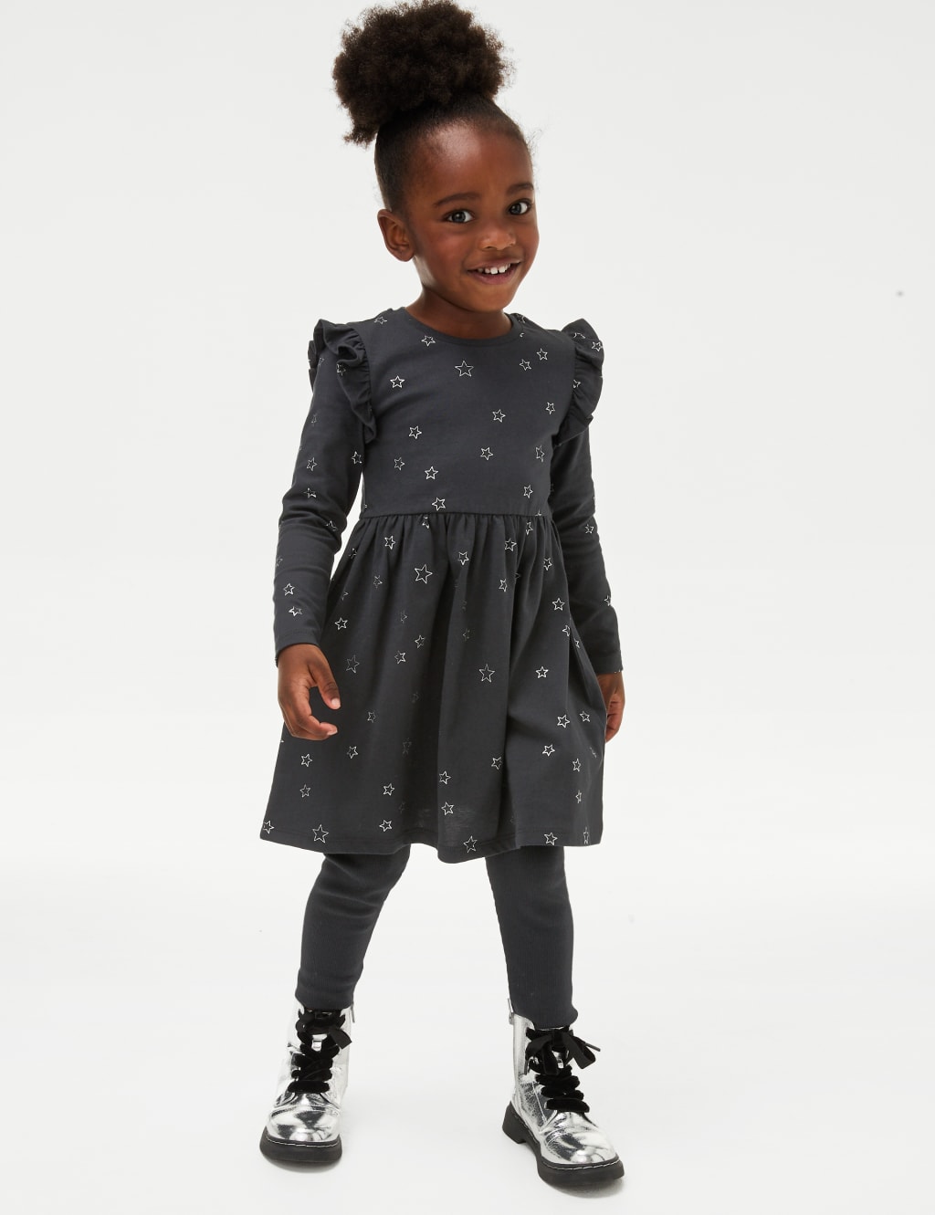 Pure Cotton Foil Star Frill Sleeve Dress 2 8 Yrs M S Collection M S