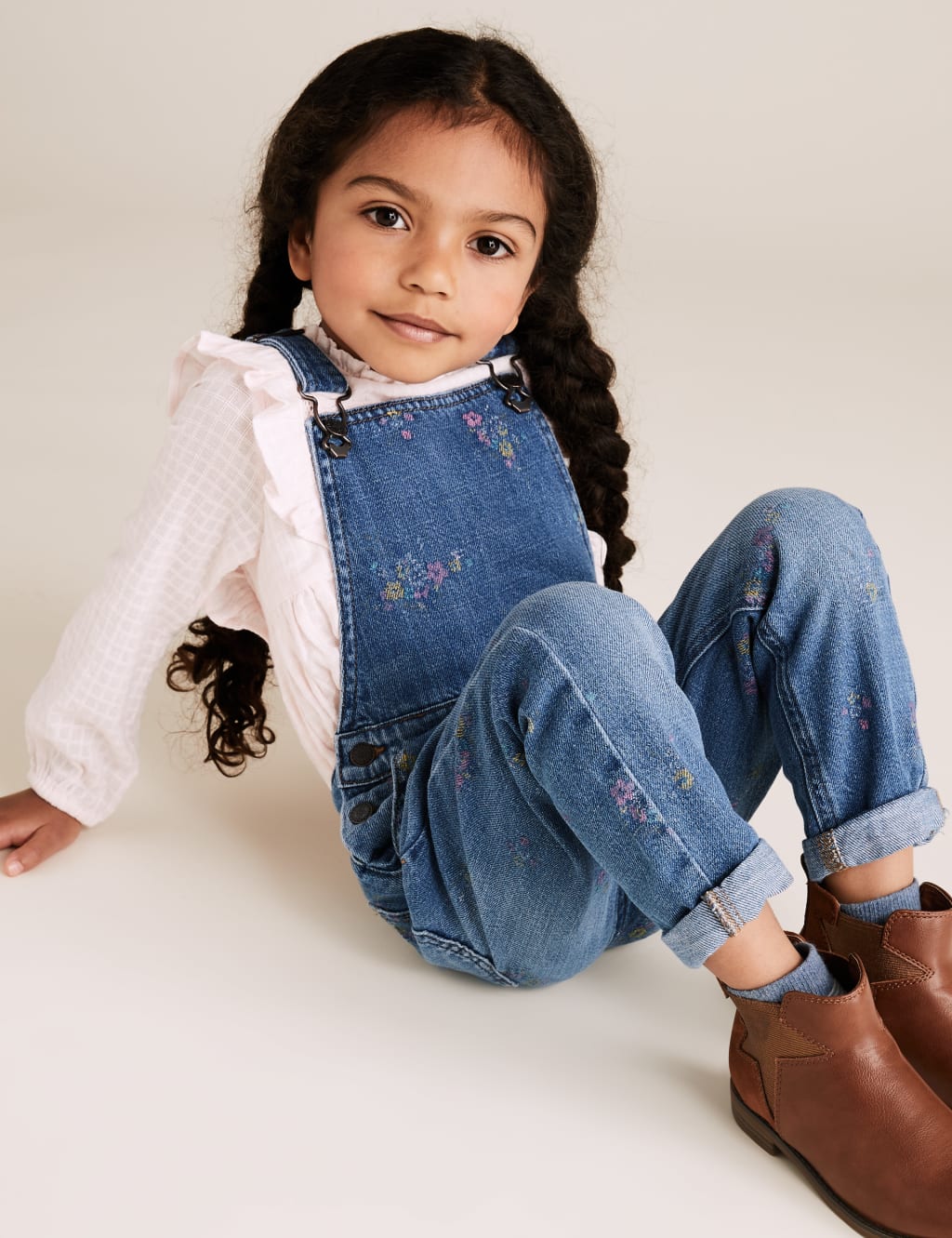 Denim Floral Print Dungarees (2-7 Yrs) 1 of 4