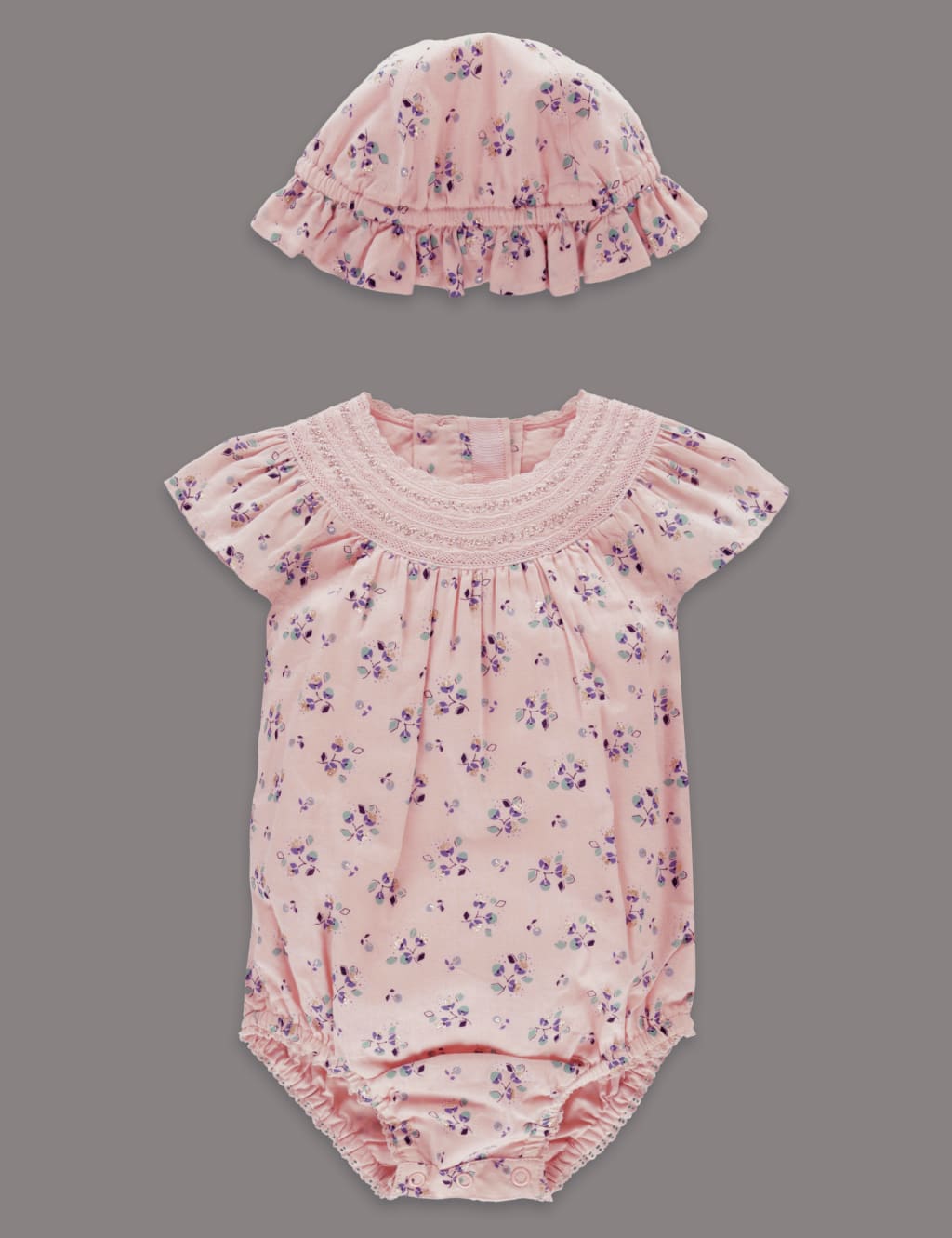 2 Piece Floral Print Romper with Hat 1 of 4