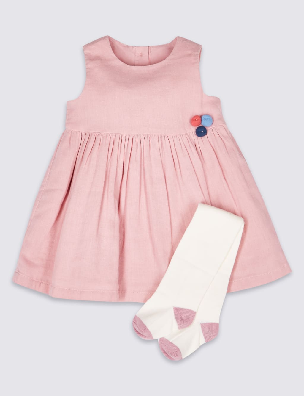 2 Piece Cotton Rich Pom Pom Dress with Tights 1 of 6