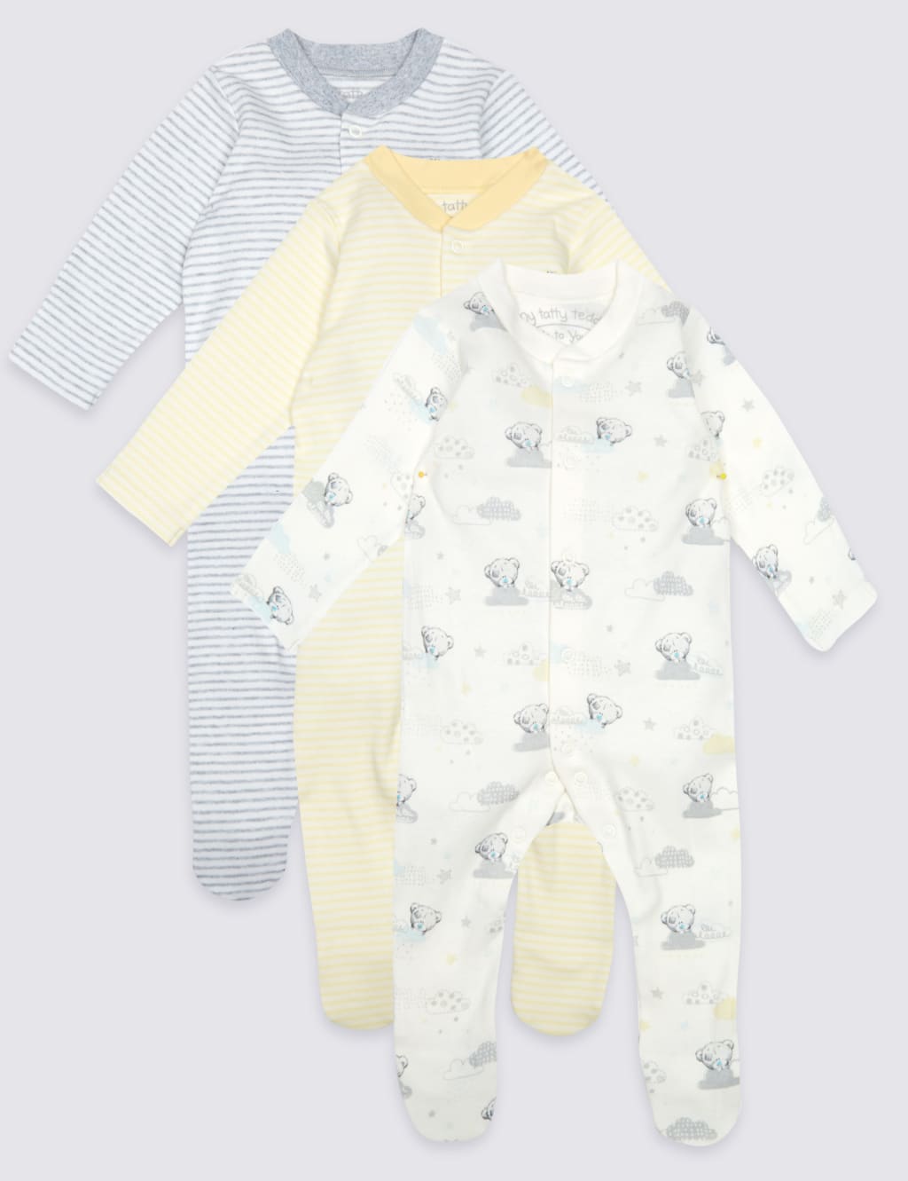 3 Pack Pure Cotton Sleepsuits Tiny Tatty Teddy M S