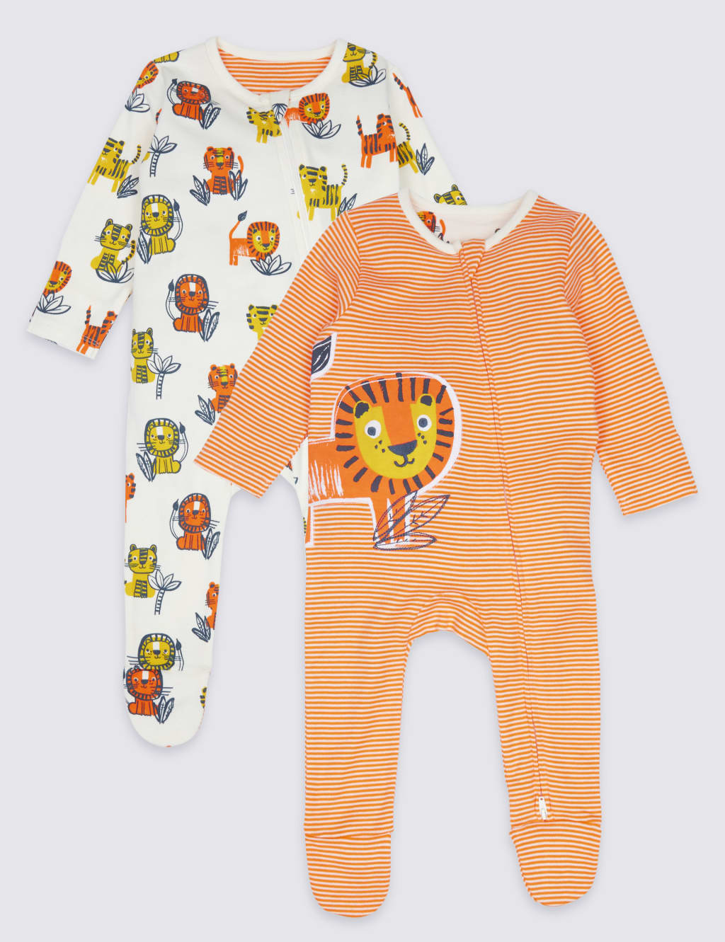 2 Pack Lion Pure Cotton Zip Sleepsuits 1 of 8