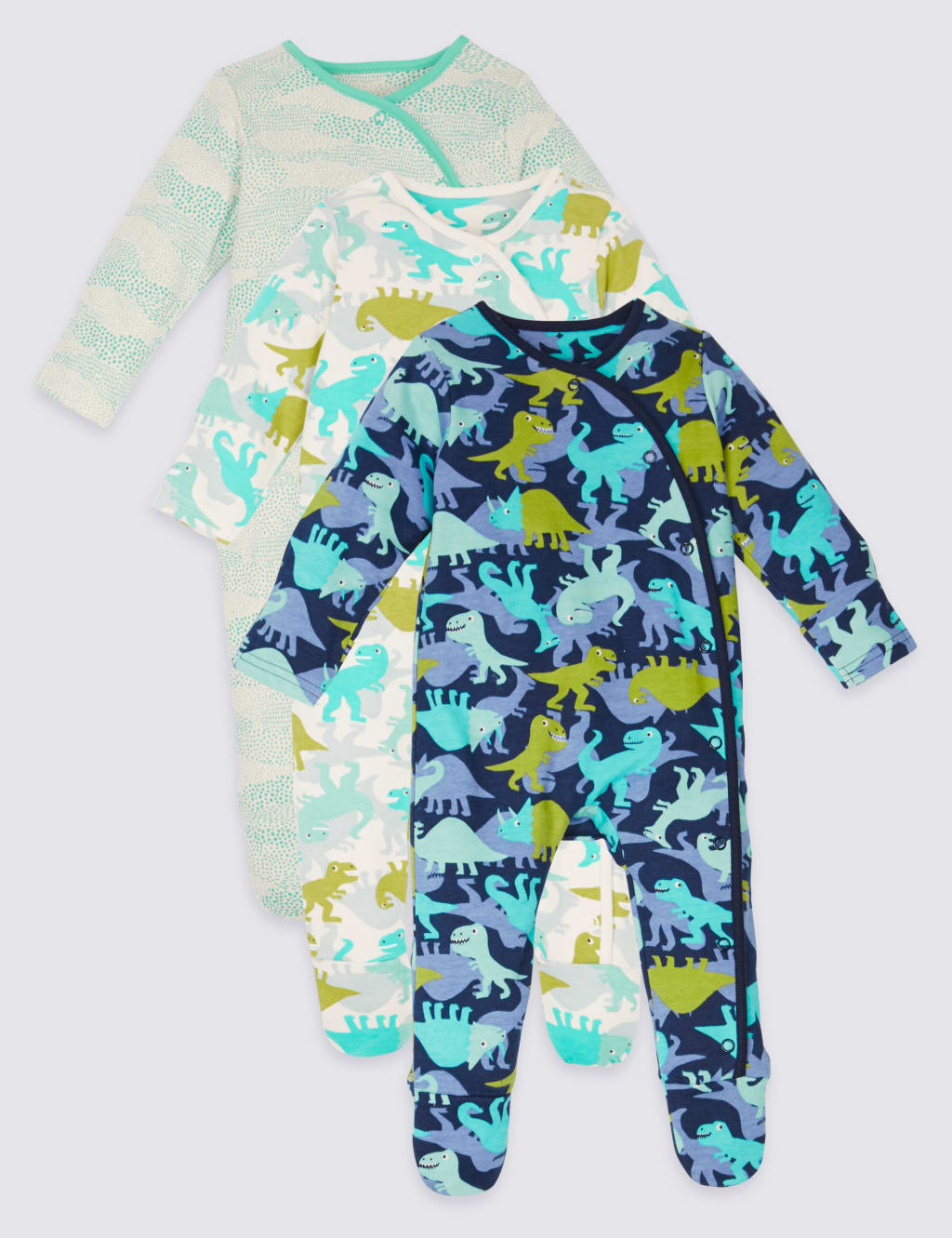 3 Pack Pure Cotton Dinosaur Sleepsuits 1 of 9