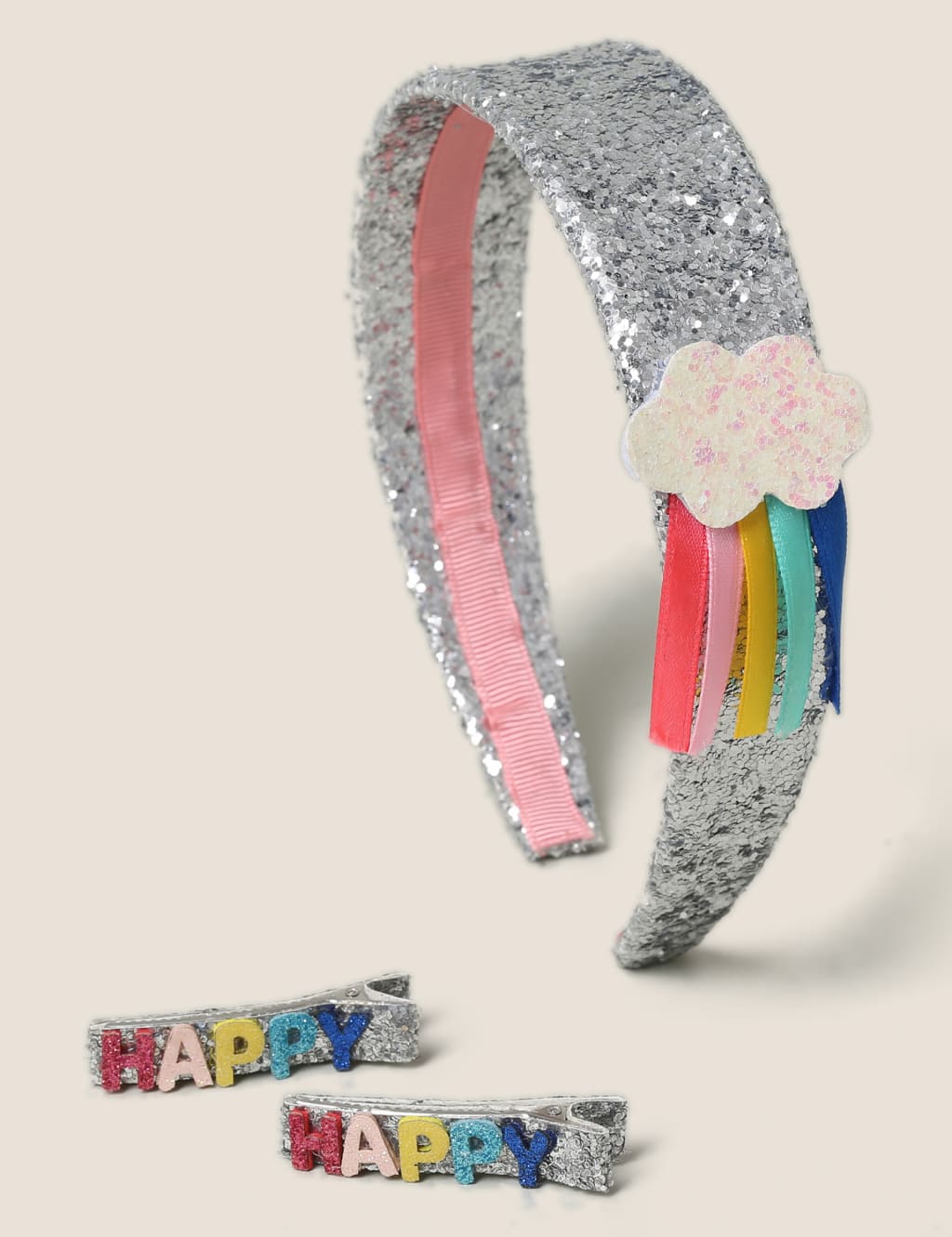Kids' Glitter Cloud Motif HeadBand & 2 Pack Glitter Happy Hair Clips Set 1 of 4