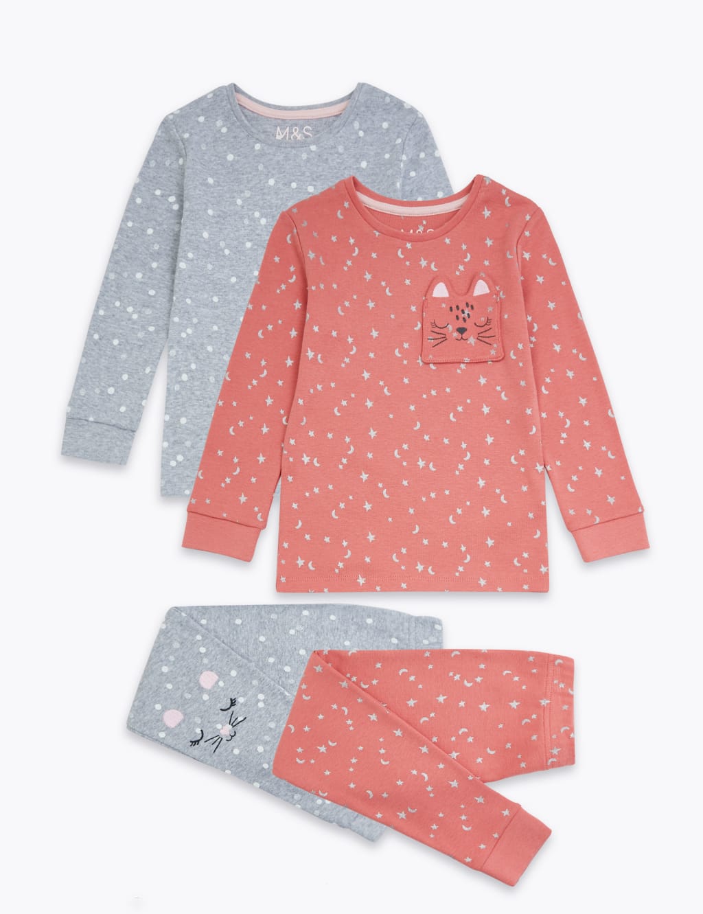 2 Pack Cotton Cat Print Pyjama Sets (1-7 Years) 2 of 6