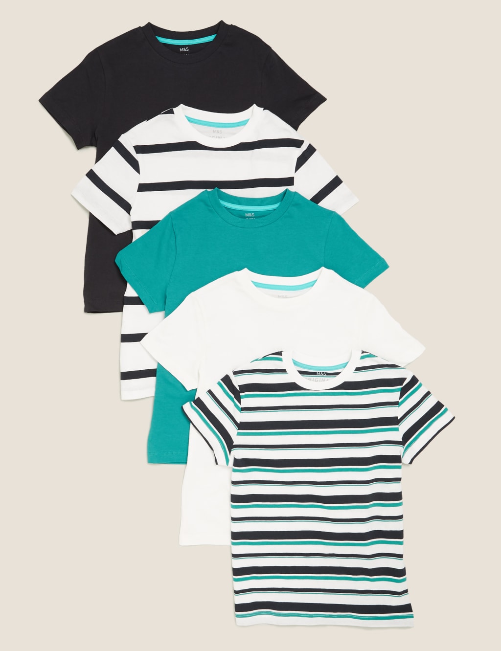 5pk Pure Cotton Striped & Plain T-Shirts (6-16 Yrs) 1 of 7
