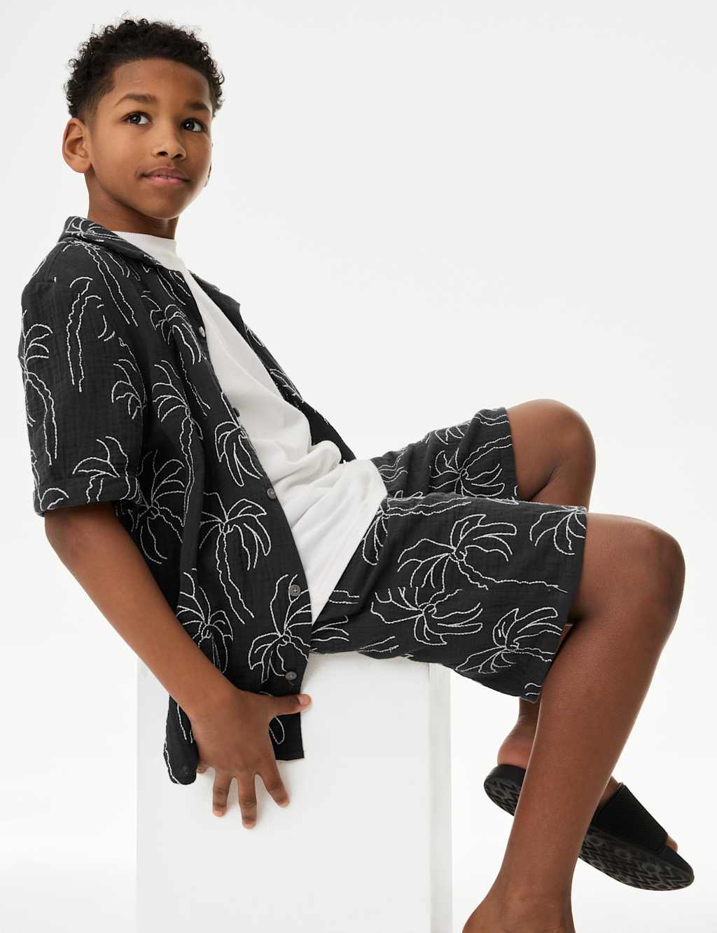 Pure Cotton Textured Palm Tree Shorts (2-16 Yrs) 1 of 5