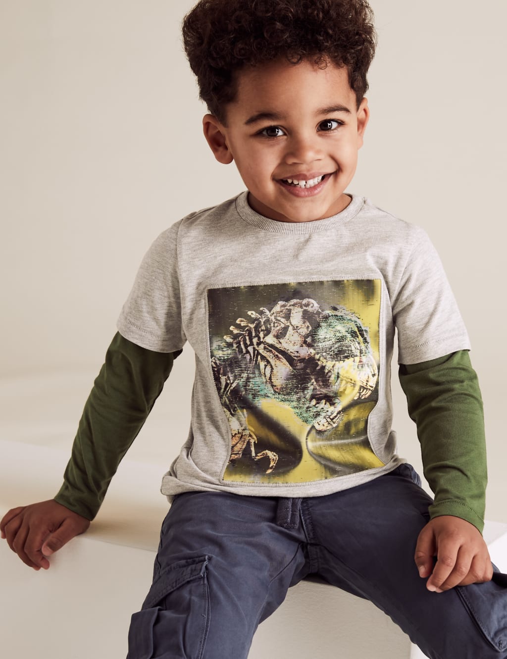 Cotton Interactive Dinosaur Mock Sleeve Top (2-7 Yrs) 1 of 6