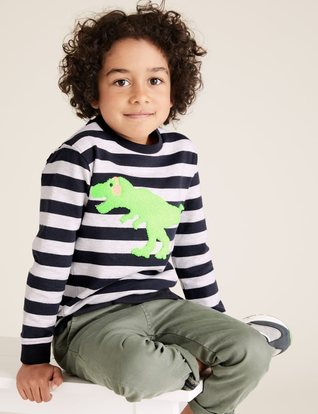 Cotton Stripe Dinosaur Sweatshirt (2-7 Yrs) 1 of 5