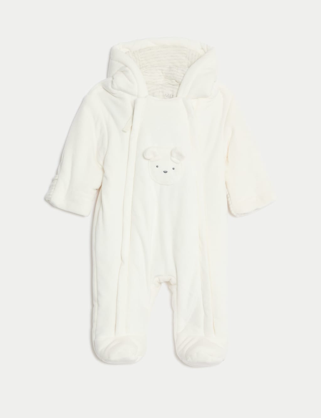 Velour Bear Pocket Hooded Pramsuit (0-12 Mths) 1 of 4