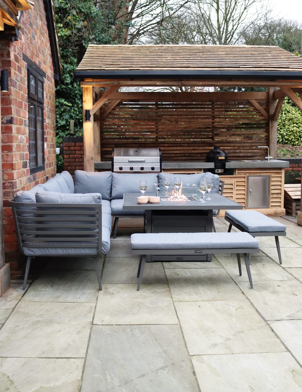 Mayfair Fire Pit Corner Lounging Set With 2 Benches 2 of 6