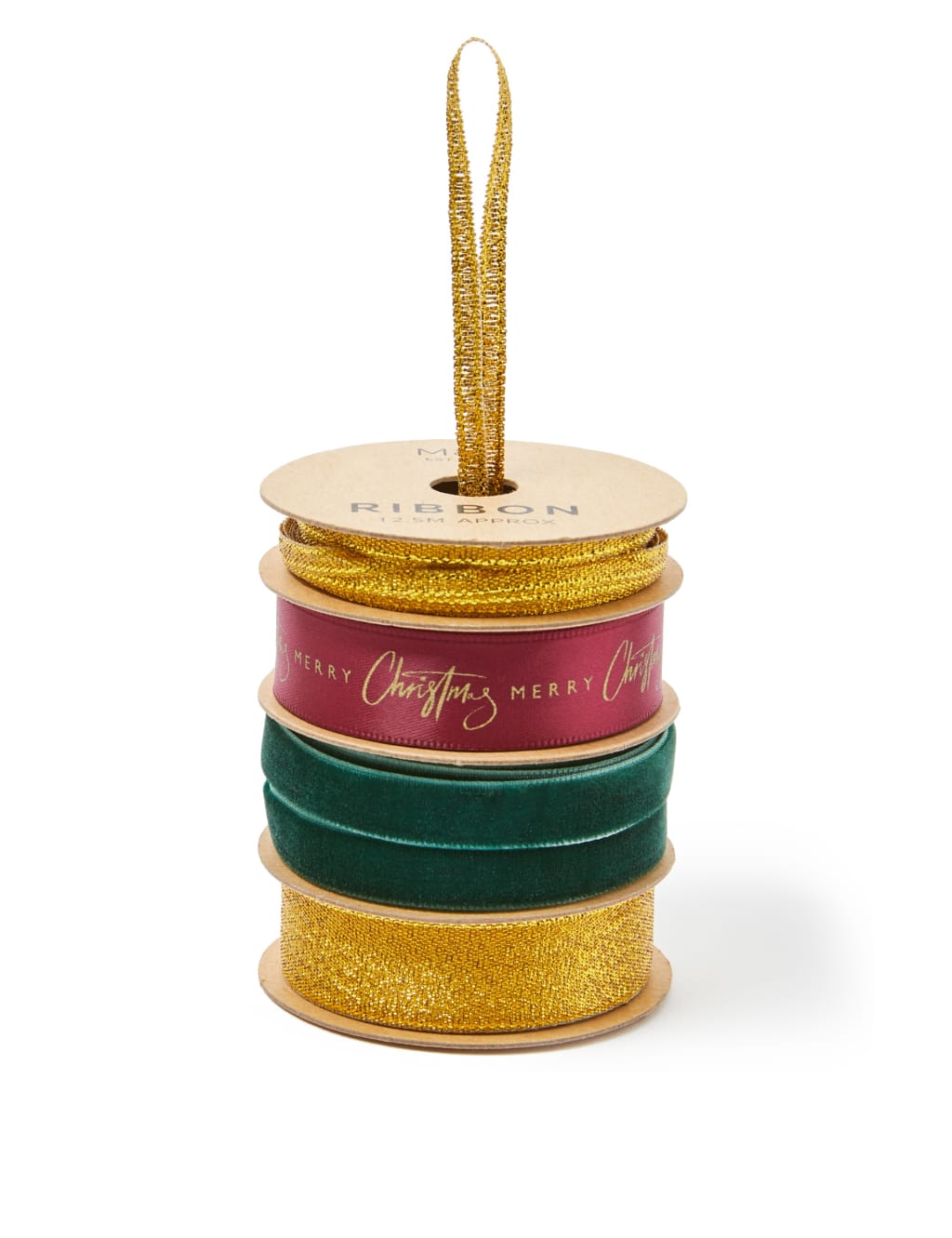 Burgundy, Green & Gold Christmas Ribbon - 4 Pack (12.5m) 1 of 2