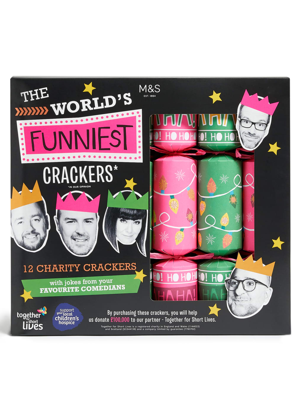 World's Funniest* Recyclable Charity Christmas Crackers - Pack of 12 in 2 Designs 1 of 4