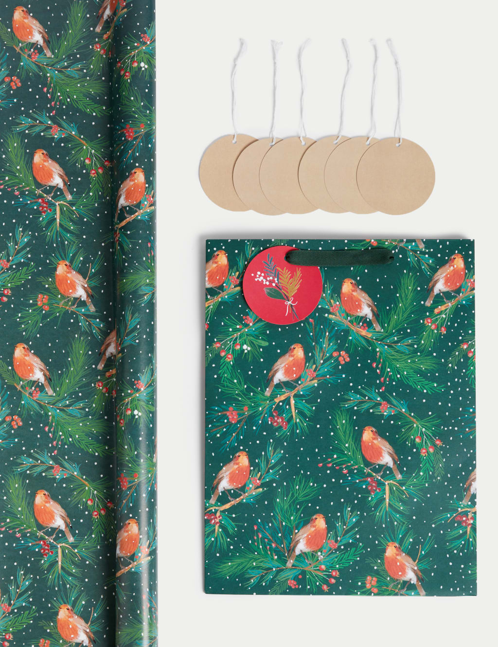 Festive Robin 3M Christmas Gift Wrap, Tags & Gift Bag Pack 1 of 2