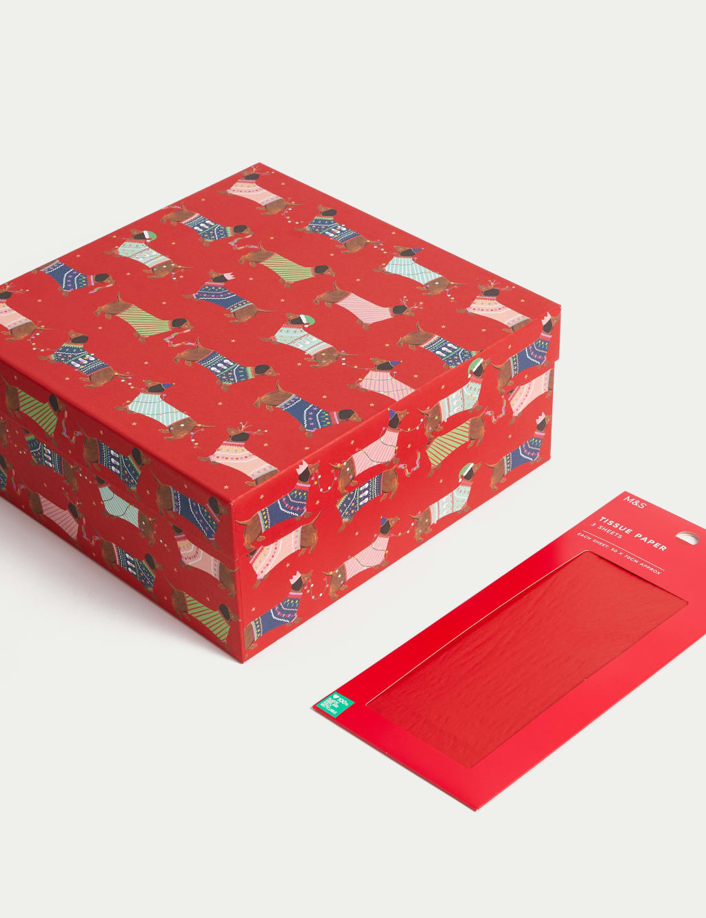 Sausage Dog Christmas Gift Box & Red Tissue Paper Pack 1 of 3