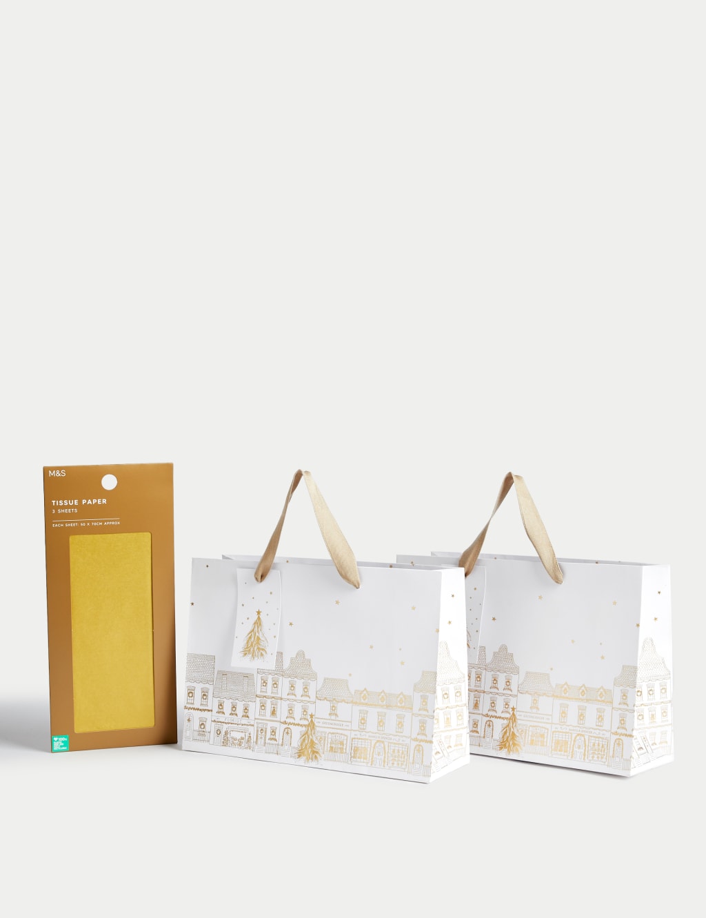 2 Gold Town Scene Medium Christmas Gift Bags Tissue Paper M S