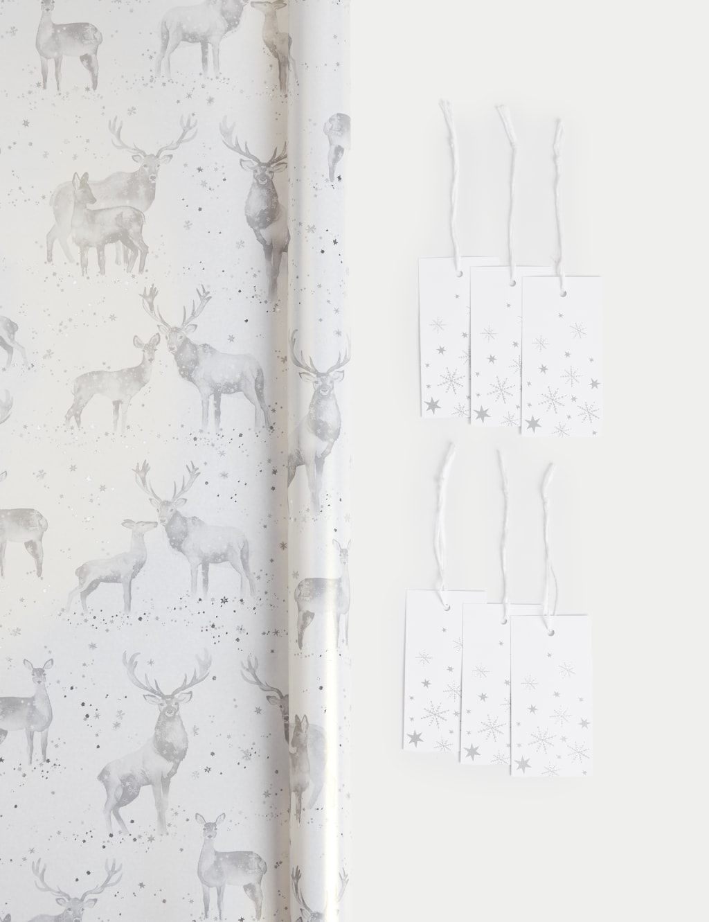 Luxury Silver Stag 3M Christmas Gift Wrap & 6 Gift Tags Pack 1 of 2