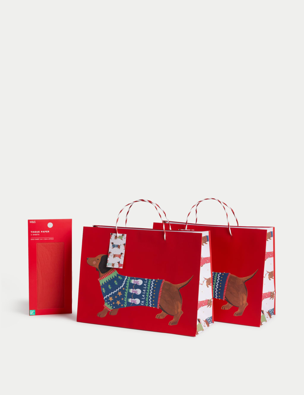 2 Sausage Dog Large Christmas Gift Bags Tissue Paper Pack M S