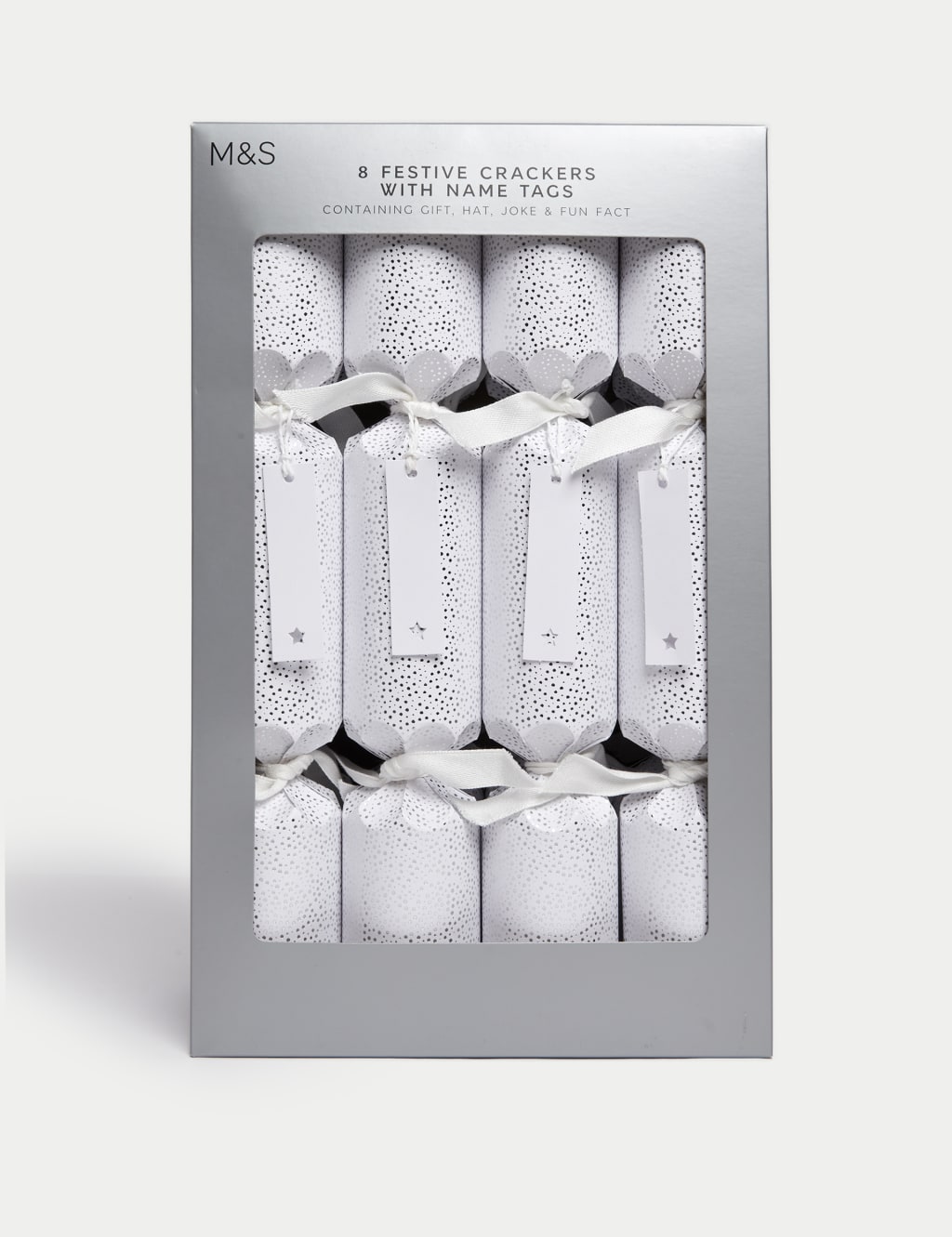 8 Luxury Christmas Crackers With Name Tags - Silver & White Design 1 of 4