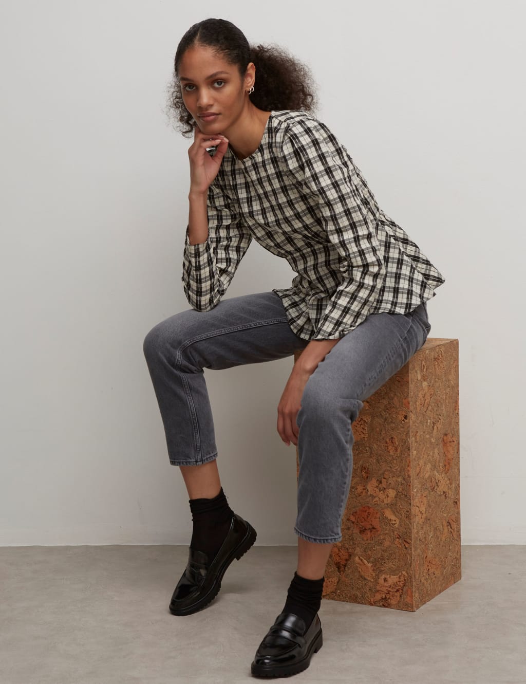 Checked Long Sleeve Peplum Top 1 of 5