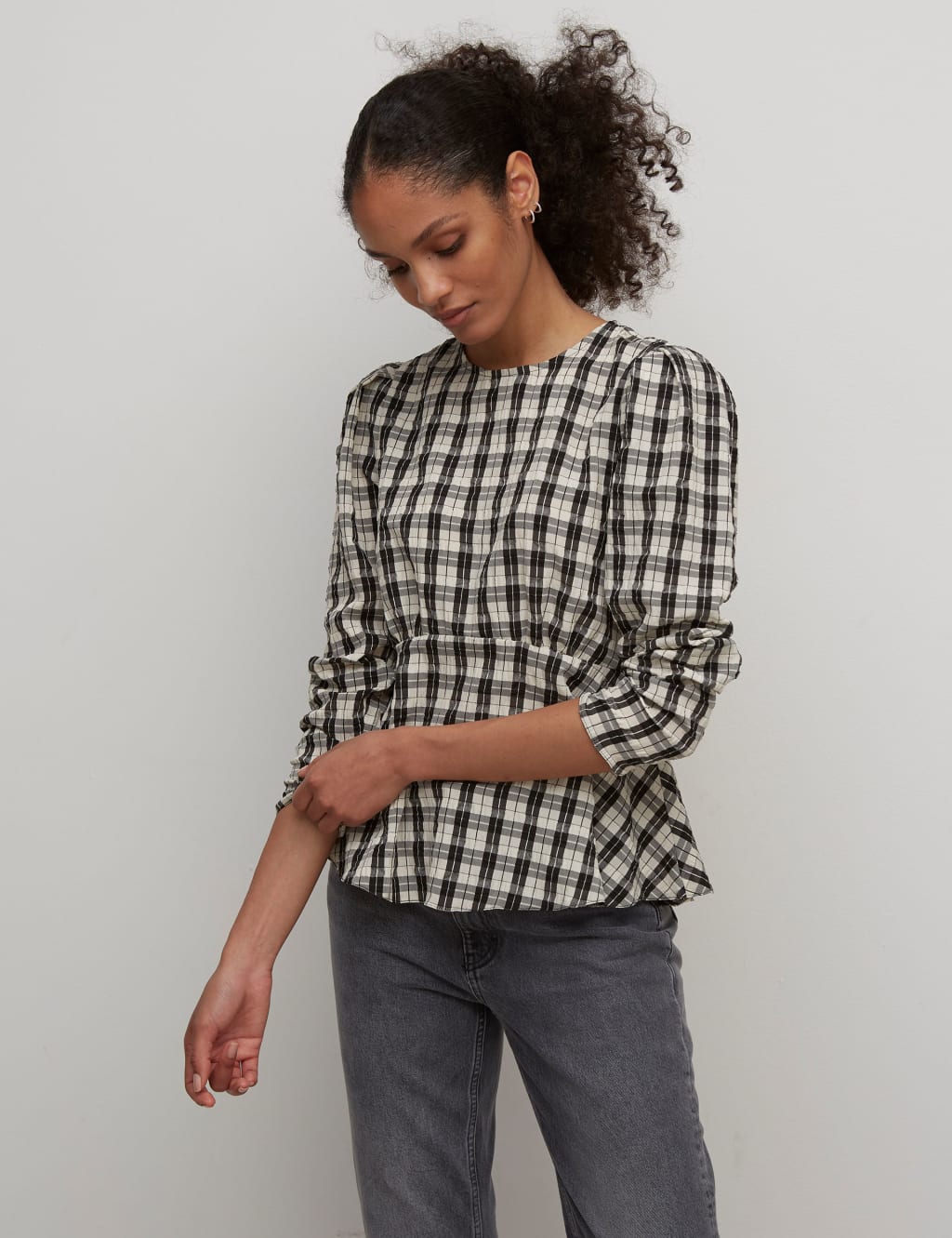 Checked Long Sleeve Peplum Top 5 of 5