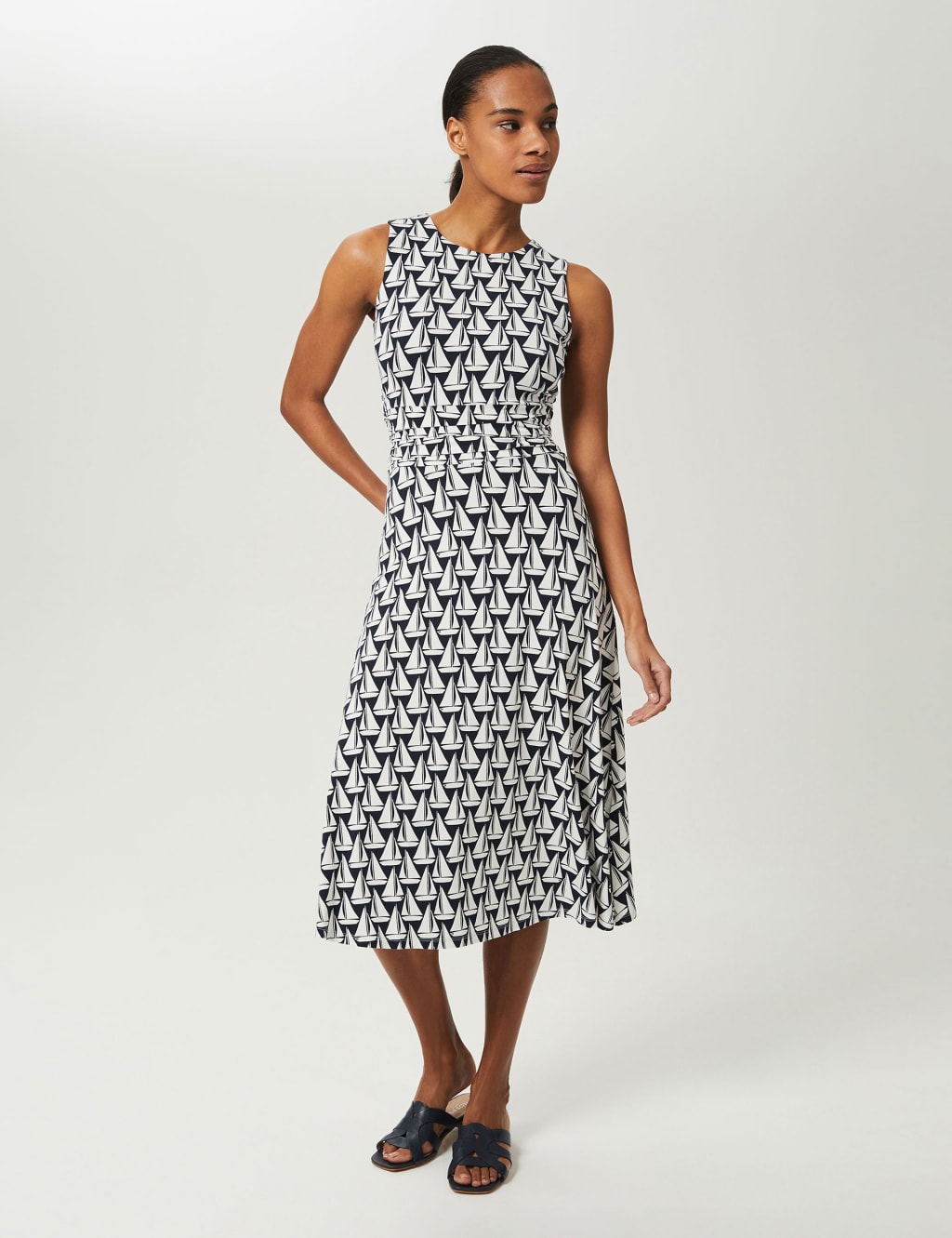 Boat Print Tie Front Midi Waisted Dress 1 of 4