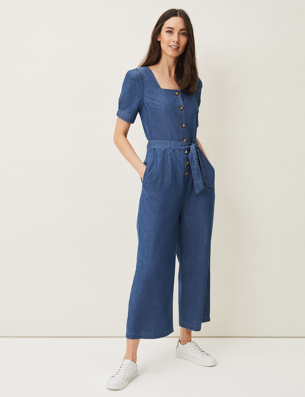 Denim Belted Short Sleeve Cropped Jumpsuit Phase Eight M S