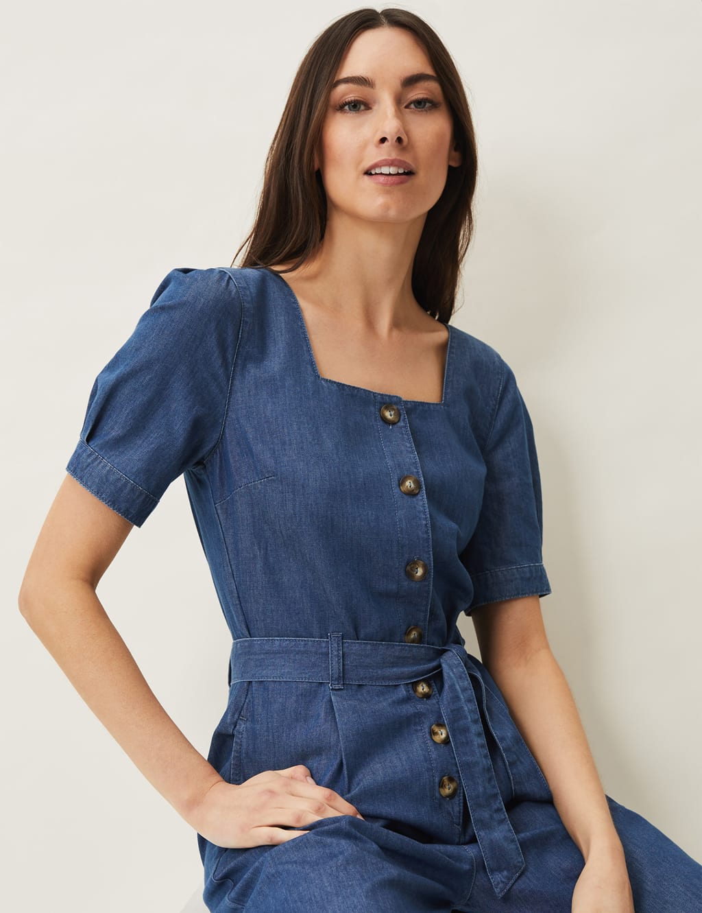 Denim Belted Short Sleeve Cropped Jumpsuit Phase Eight M S