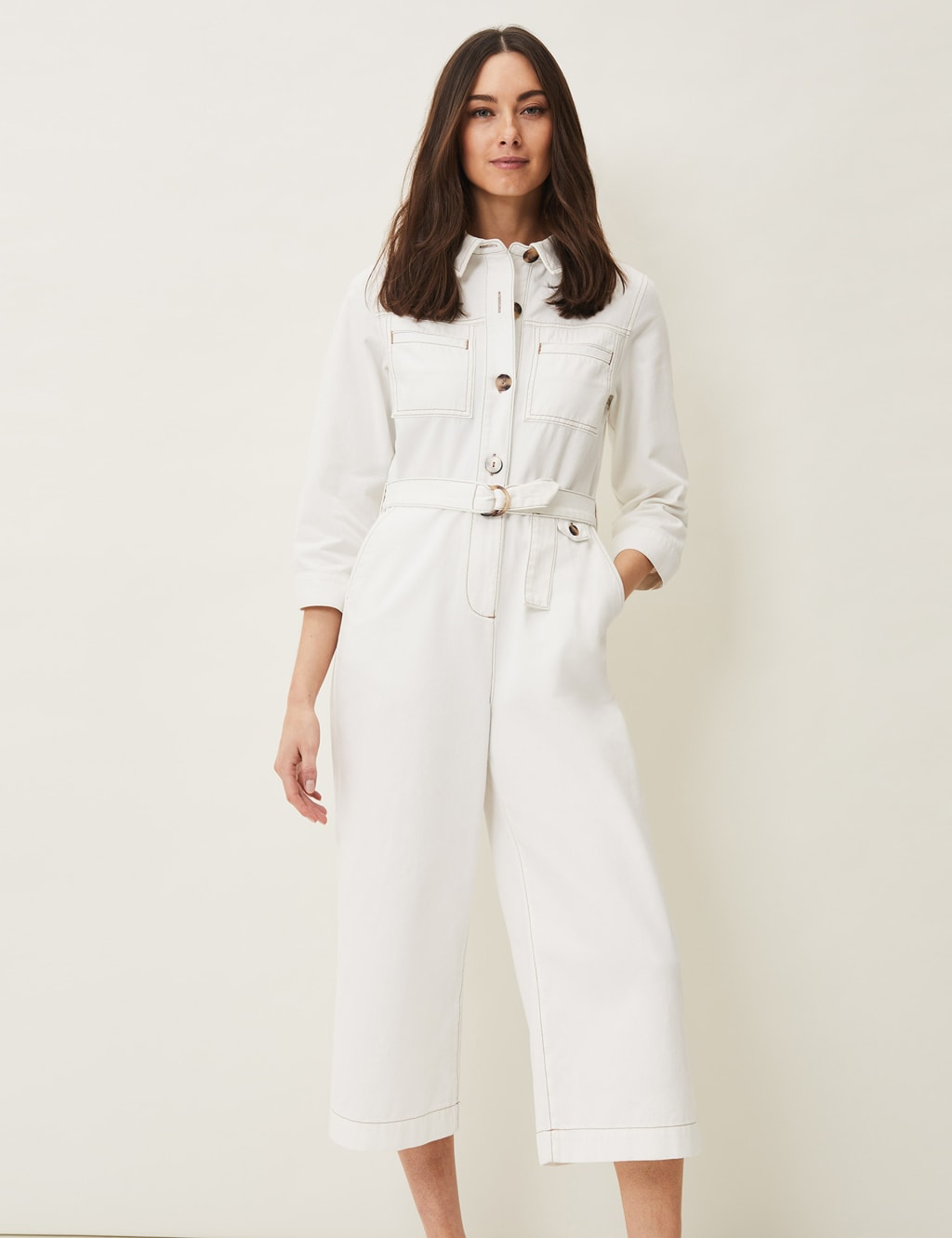 Denim 3/4 Sleeve Waisted Jumpsuit 1 of 5