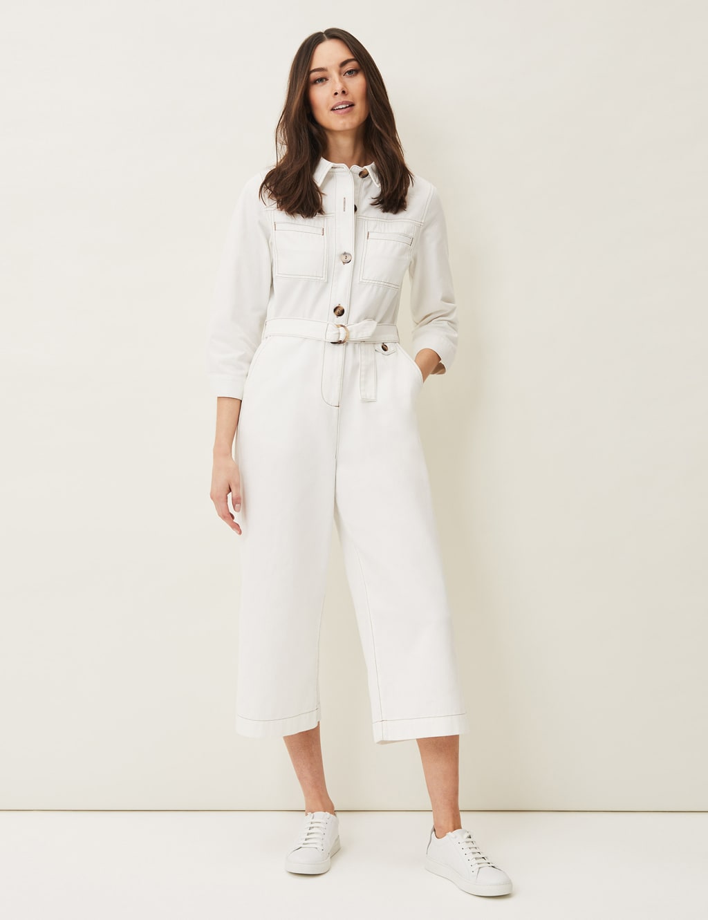 Denim 3/4 Sleeve Waisted Jumpsuit 4 of 5