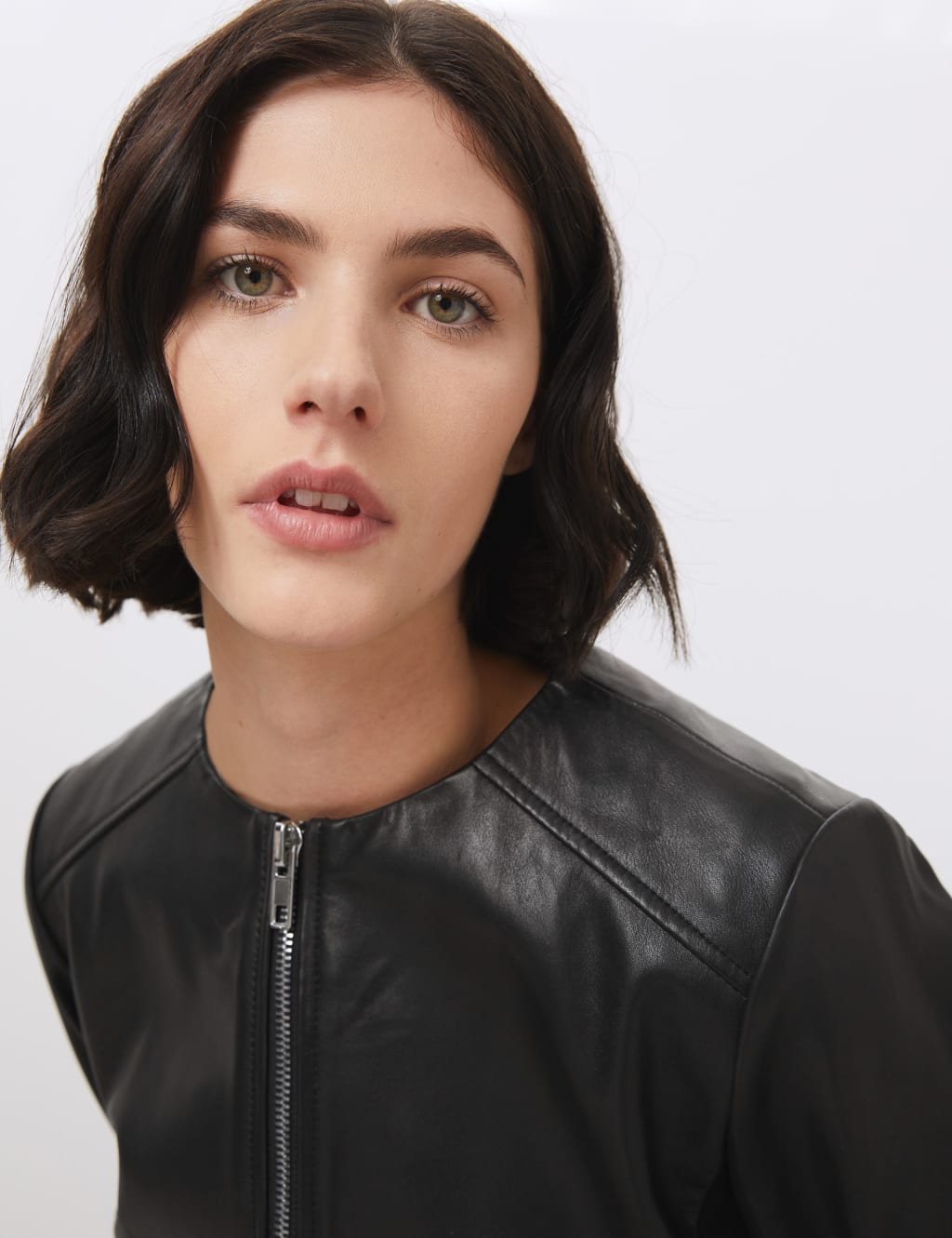 Jaeger collarless leather jacket cheap
