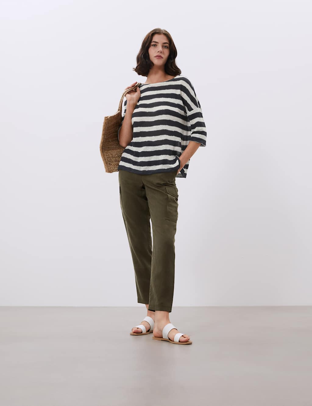 Pure Linen Striped 3/4 Sleeve Top 1 of 7