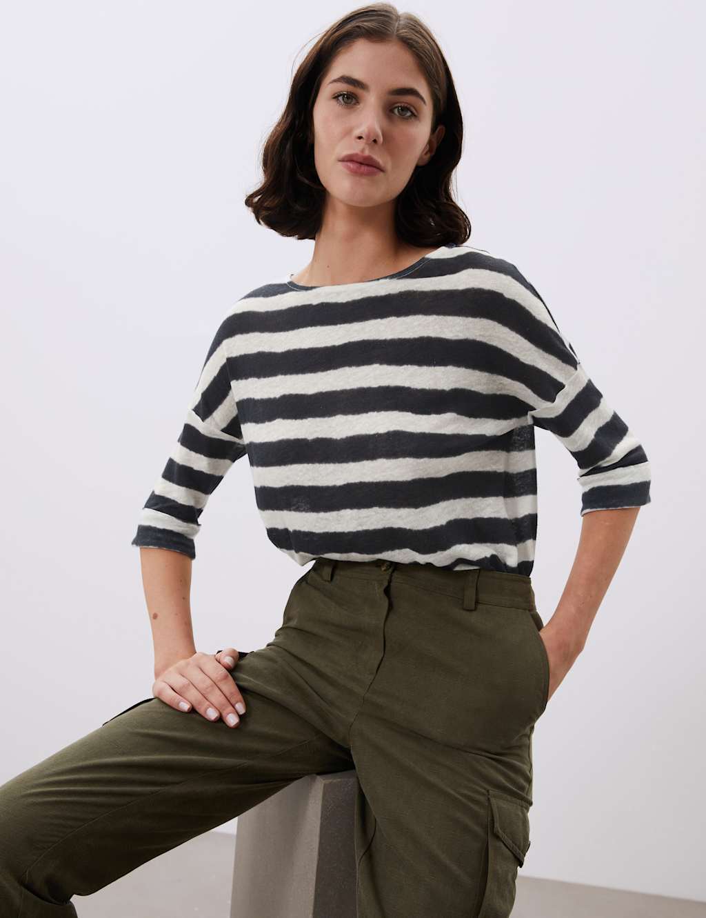 Pure Linen Striped 3/4 Sleeve Top 3 of 7