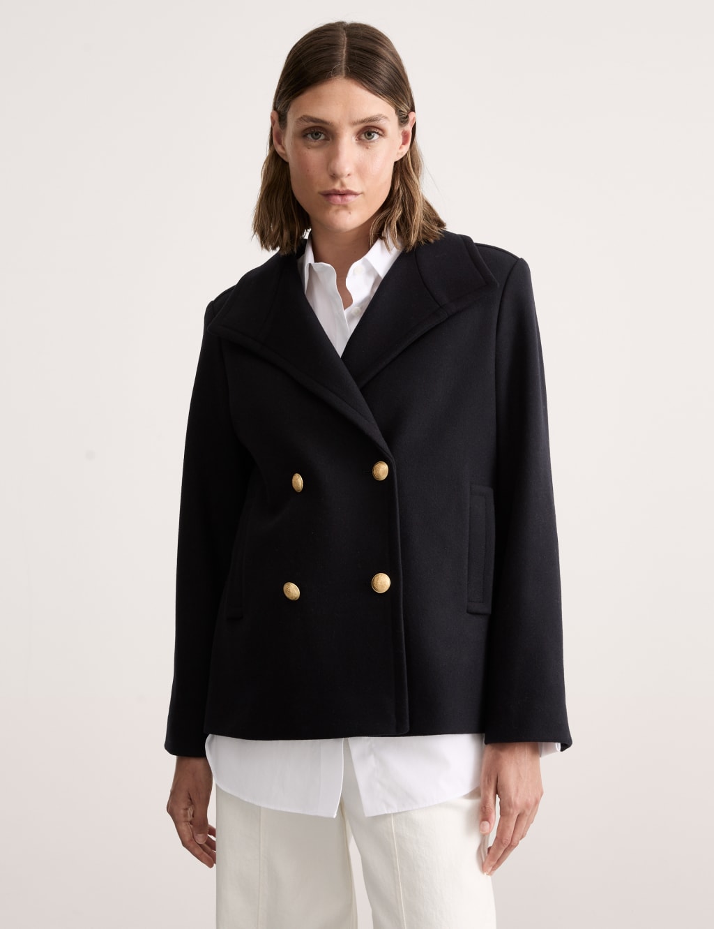 Italian Wool Rich Double Breasted Pea Coat JAEGER M S