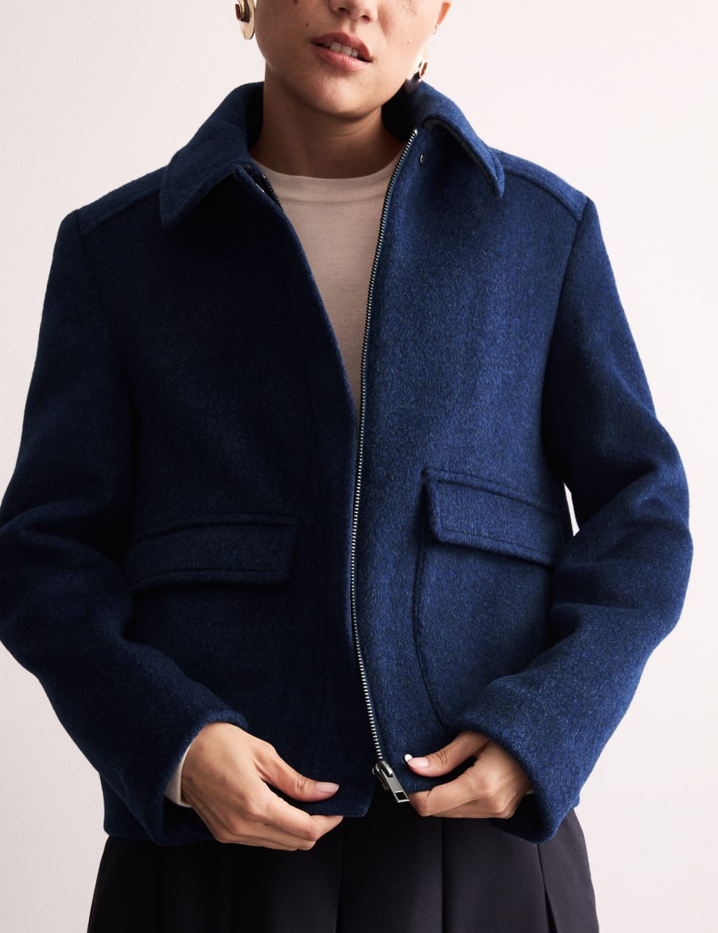 Pure Wool Collared Bomber Jacket
