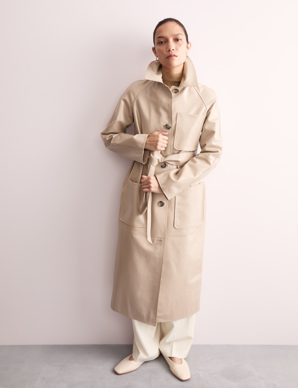 Leather Belted Single Breasted Trench Coat 7 of 8