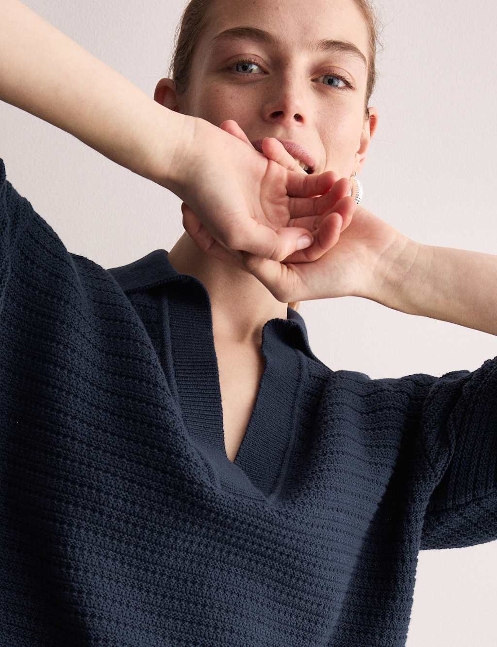 Pure Cotton Textured Collared Relaxed Jumper 1 of 6