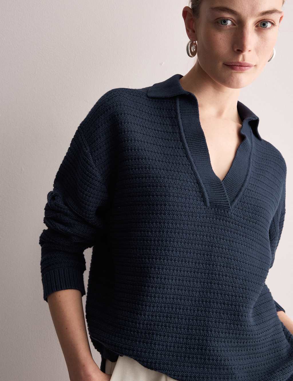 Pure Cotton Textured Collared Relaxed Jumper 4 of 6