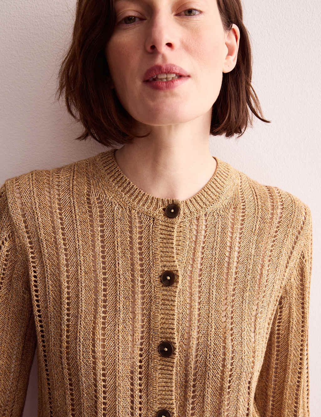 Linen Blend Open Knit Button Front Cardigan 4 of 9