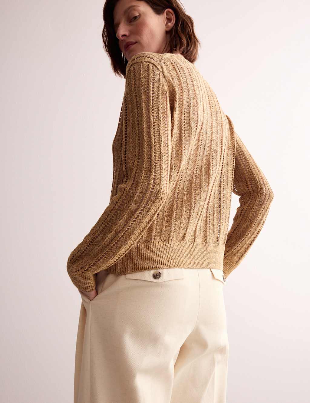 Linen Blend Open Knit Button Front Cardigan 6 of 9