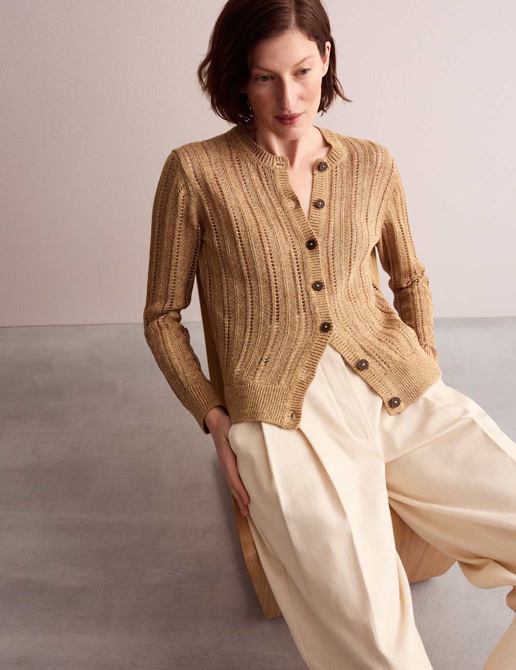 Linen Blend Open Knit Button Front Cardigan 8 of 9